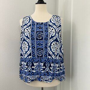 Haute Hippie XL Blue, White Sleeveless Batik Print Tank Top